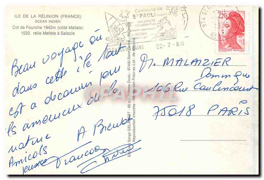 CPM Ile de la Reunion France Ocean Indien Col de Fourche Cote Mafate Relie Mafate a Salazie  — Rückseite