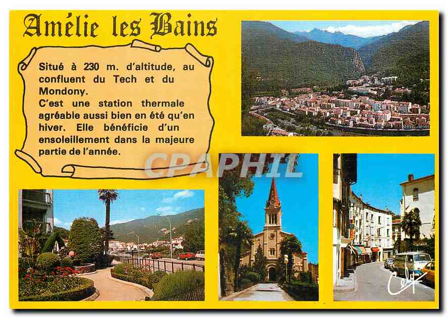 CPM Amelie les Bains vue generale entree de la ville l'eglise rue des Thermes 