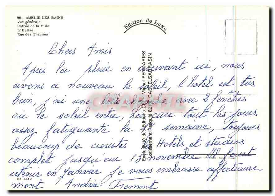 CPM Amelie les Bains vue generale entree de la ville l'eglise rue des Thermes  — Rückseite