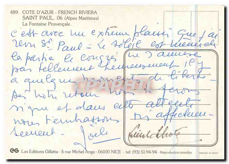 CPM Cote d'Azur French riviera Saint Paul Alpes Maritimes la fontaine provencale  — Rückseite