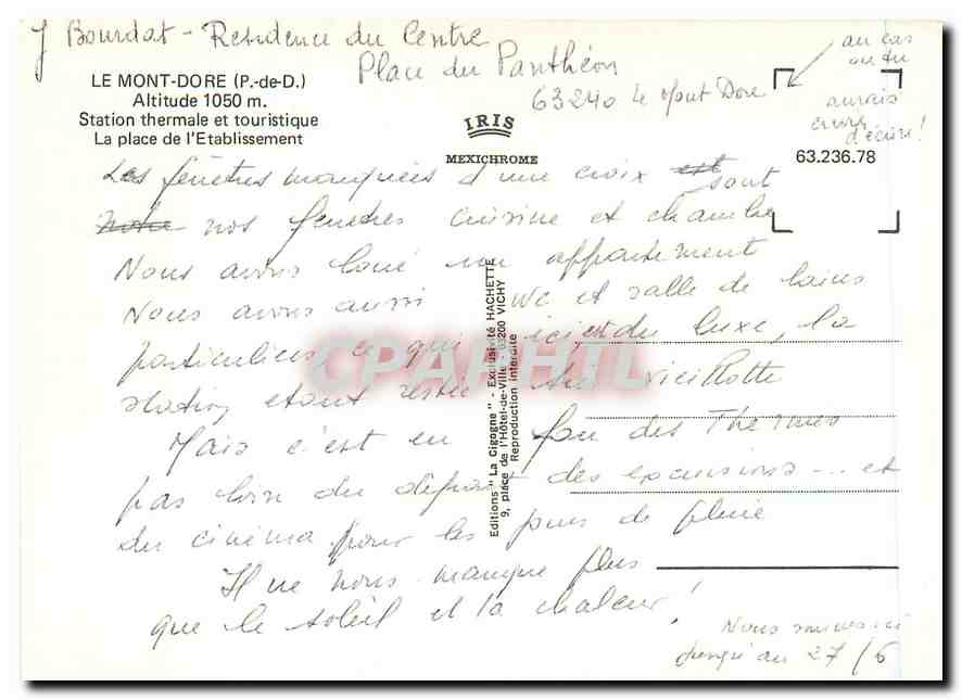CPM Le Mont Dore P de D station thermale et touristique la place de l'Etablissement  — Verso