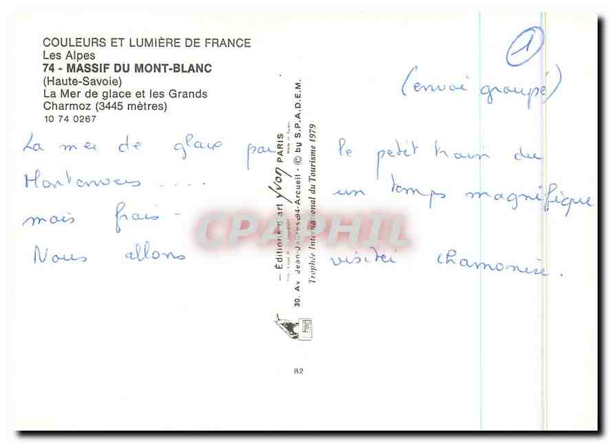 CPM Les Alpes Massif du Mont Blanc Haute Savoie la mer de glace et les grands Charmoz  — Verso