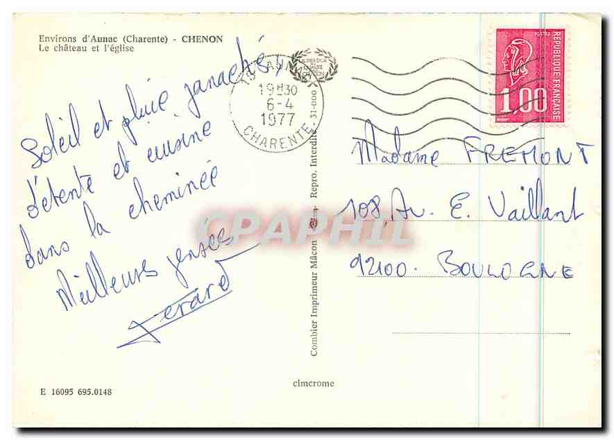 CPM Environs d'Aunac Charente Chenon le Chateau et l'eglise  — Rückseite