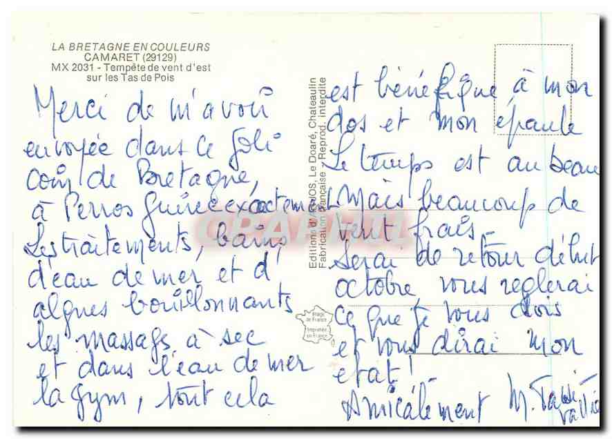 CPM La Bretagne en Couleurs Camaret Tempete de vent d'est sur les Tas de Pois  — Rückseite