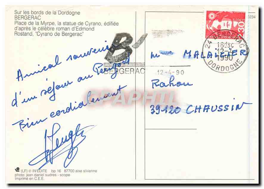 CPM Sur les bords de la Dordogne Bergerac place de la Myrpe la statue de Cyrano edifiee d'apres le c — Rückseite
