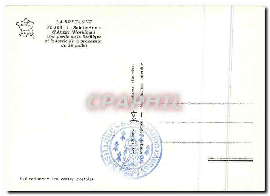 CPM La Bretagne Sainte Anne d'Auray Morbihan une partie de la BAsilique et la Sortie de la processio — Rückseite