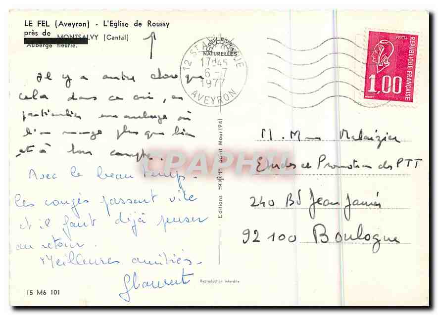 CPM Le Fel Aveyron l'eglise de Roussy pres de Montsalvy Cantal Auberge fleurie  — Rückseite