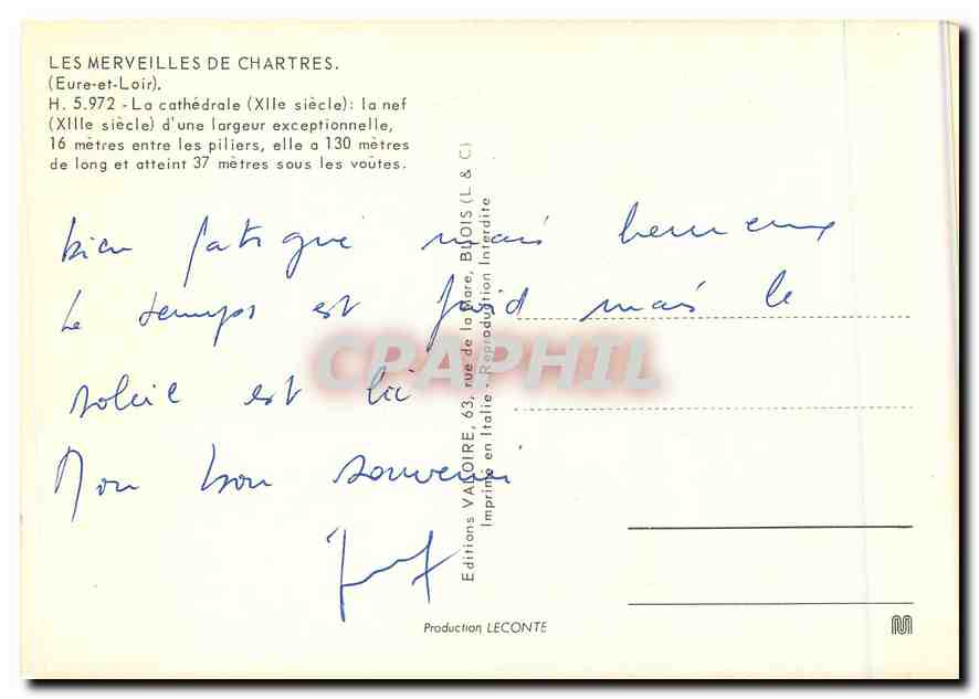 CPM Les Merveilles de Chartres Eure et Loire la Cathedrale XII siecle la nef XIII siecle d'une large — Rückseite