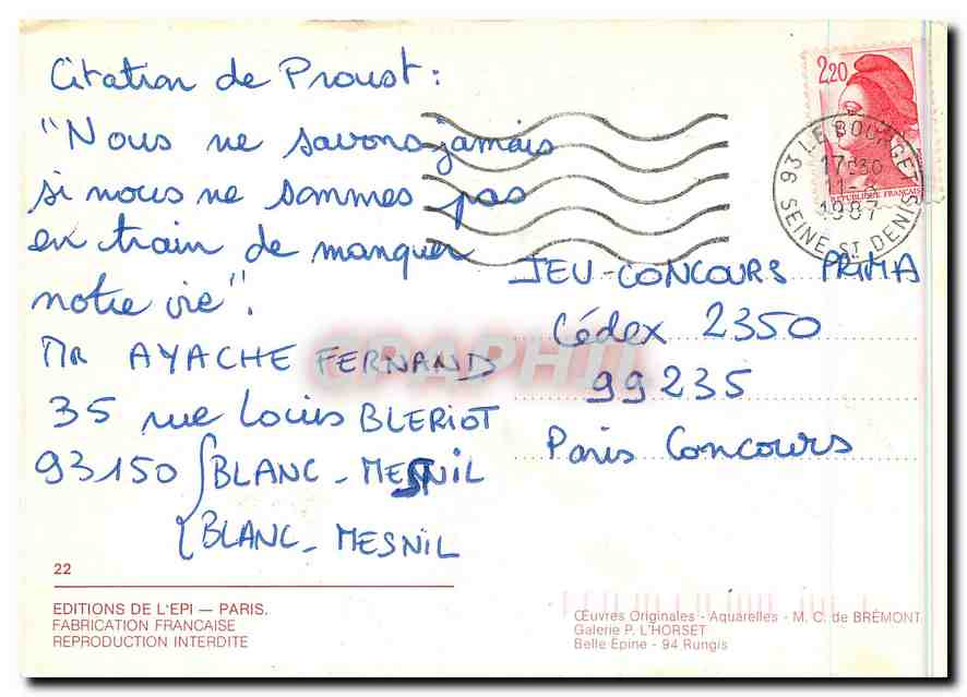 CPM MC de Bremont Galerie P L'Horset Belle Epine Rungis — Verso