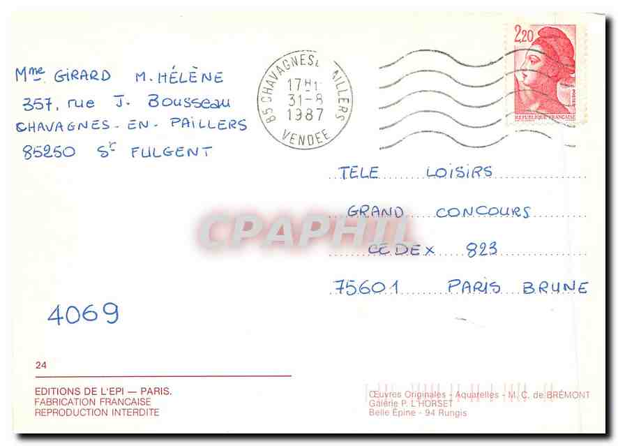 CPM MC de Bremont Galerie P L'Horset Belle Epine Rungis — Verso
