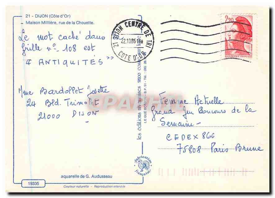 CPM Dijon Cote d'Or Maison Milliere rue de la Chouette  — Rückseite
