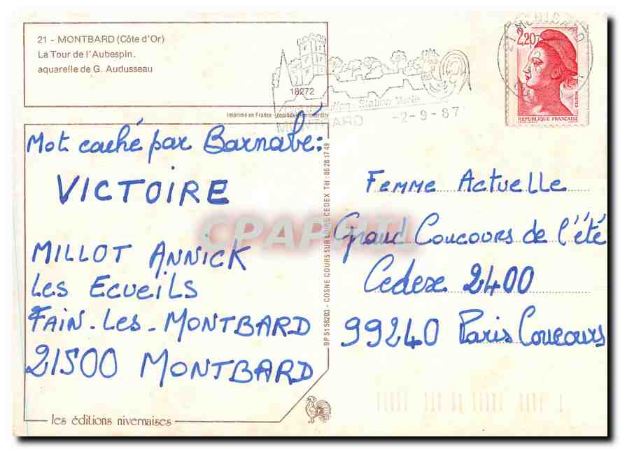 CPM Montbard Cote d'Or la Tour de l'Aubespin aquarelle de G Audusseau  — Rückseite