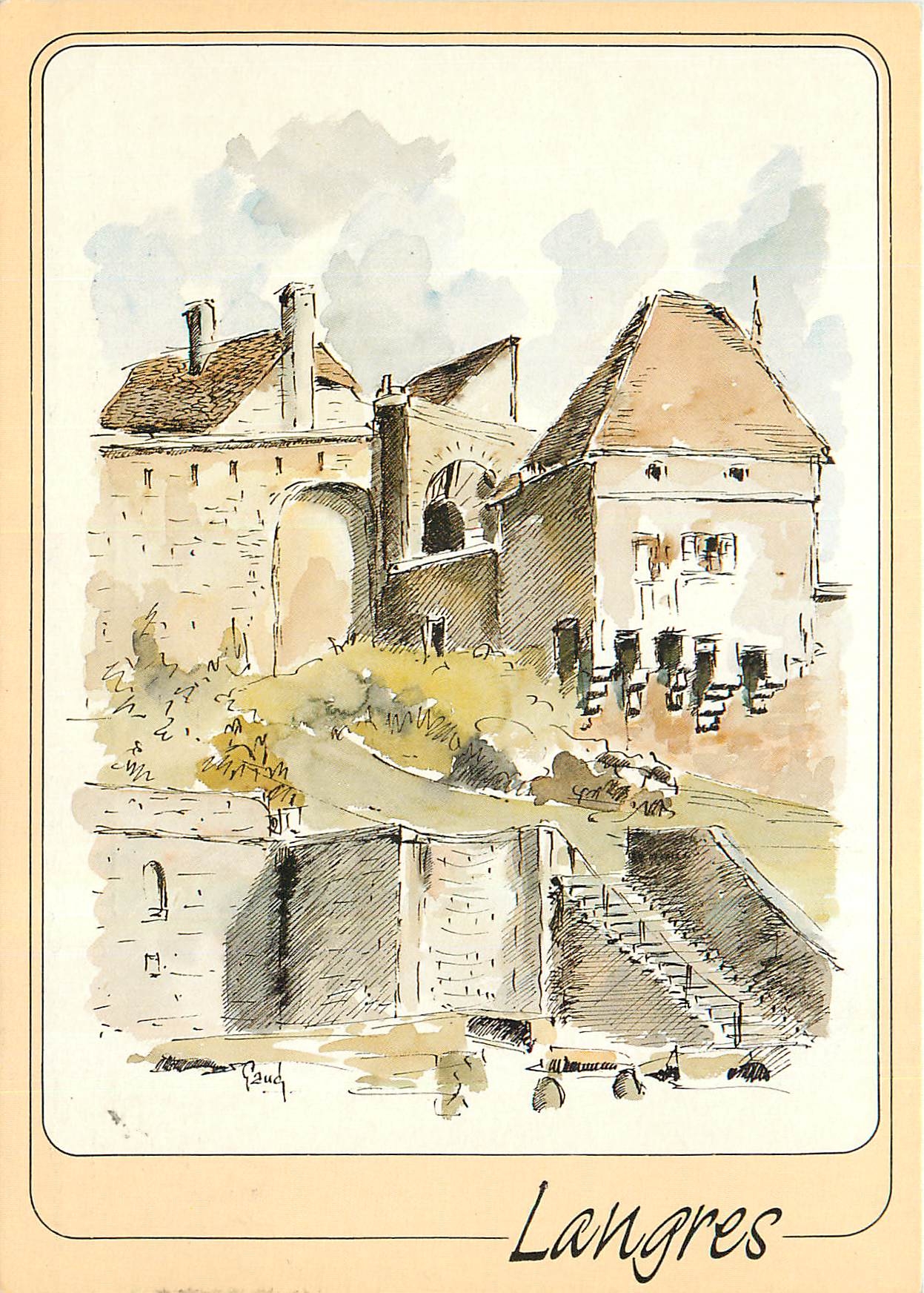 CPM Langres Haute Marne les remparts la Porte de l'Hotel de Ville de la Fontaine St Didier Aquarelle