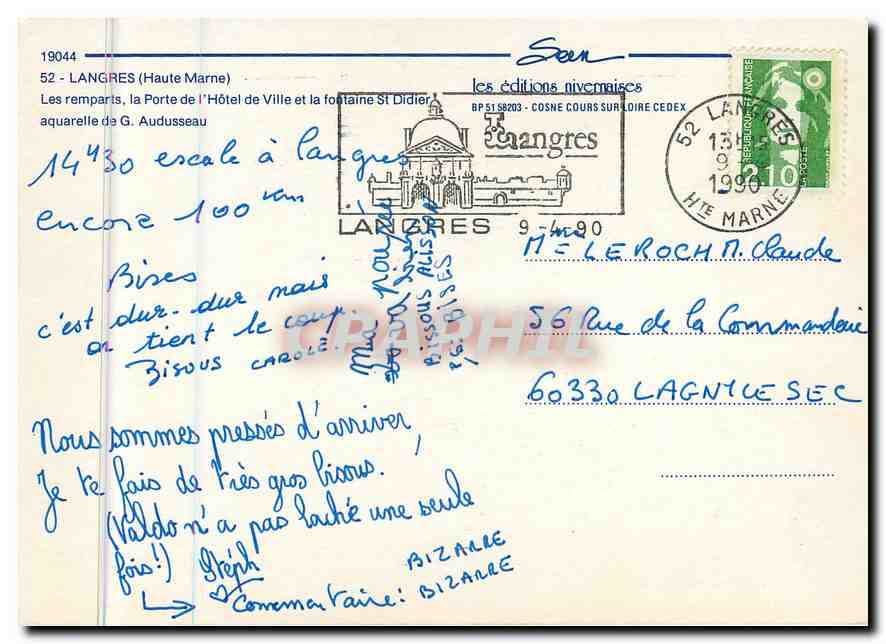 CPM Langres Haute Marne les remparts la Porte de l'Hotel de Ville de la Fontaine St Didier Aquarelle — Rückseite