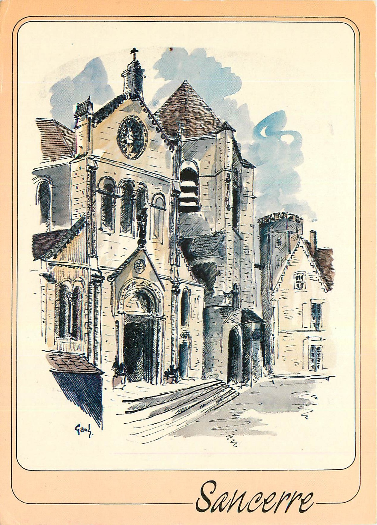 CPM Sancerre Cher l'eglise Aquarelle de G Audusseau 
