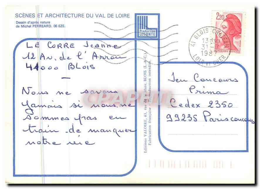 CPM Scenes et Architecture du Val de Loire Dessin d'apres nature de Michel Perreard  — Verso