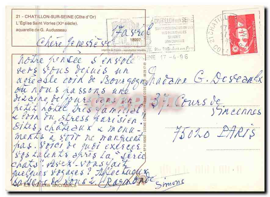CPM Chatillon sur Seine Cote d'Or l'Eglise Saint Vorles XI siecle aquarelle de G Audusseau  — Rückseite
