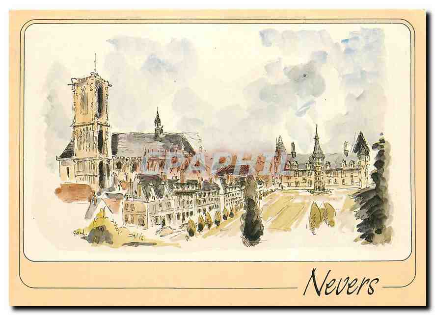 CPM Nevers Nievre la Cathedrale Saint Cyr et le Palais ducal aquarelle de G Audusseau 
