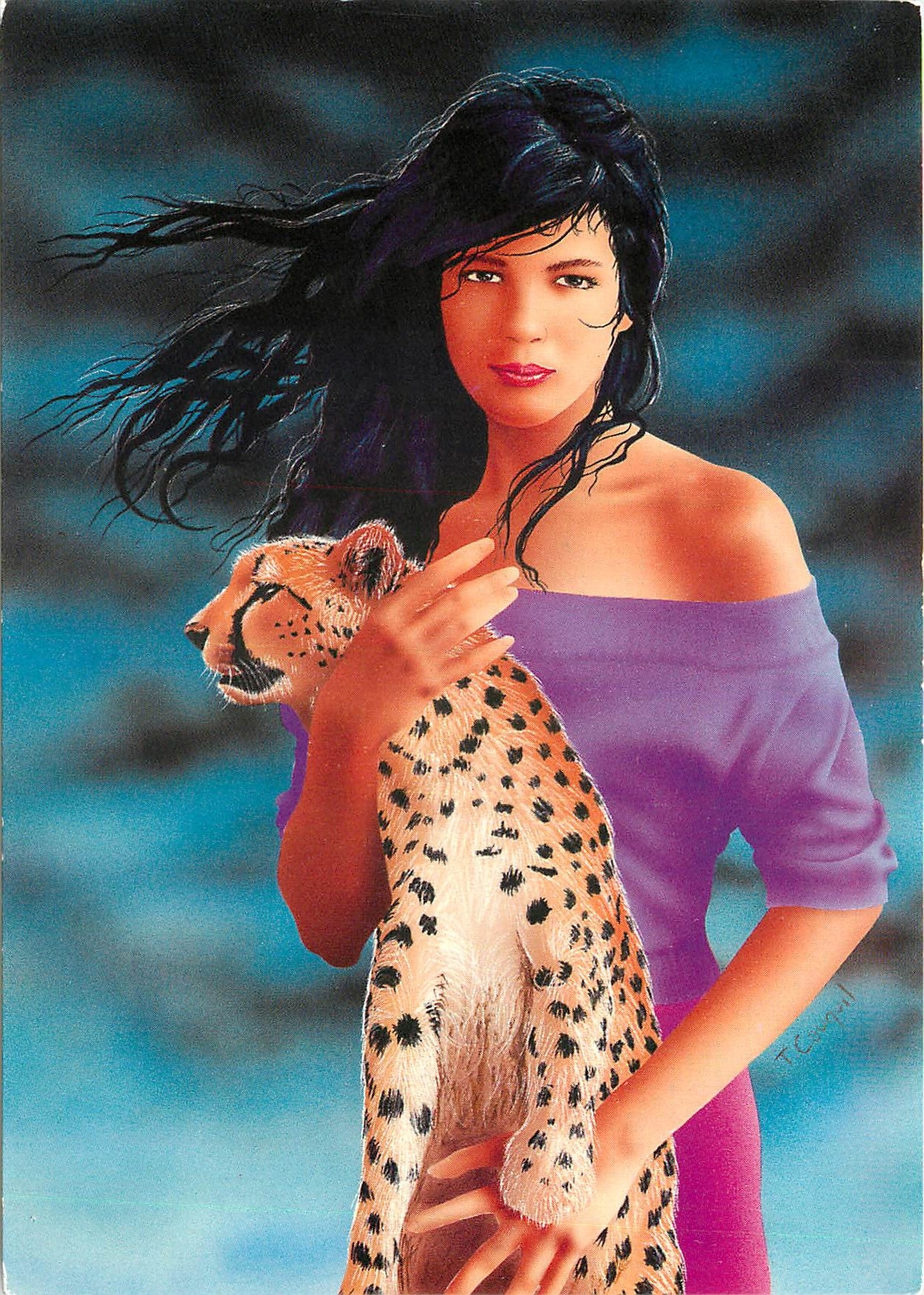 CPM Jeunes filles avec felins 