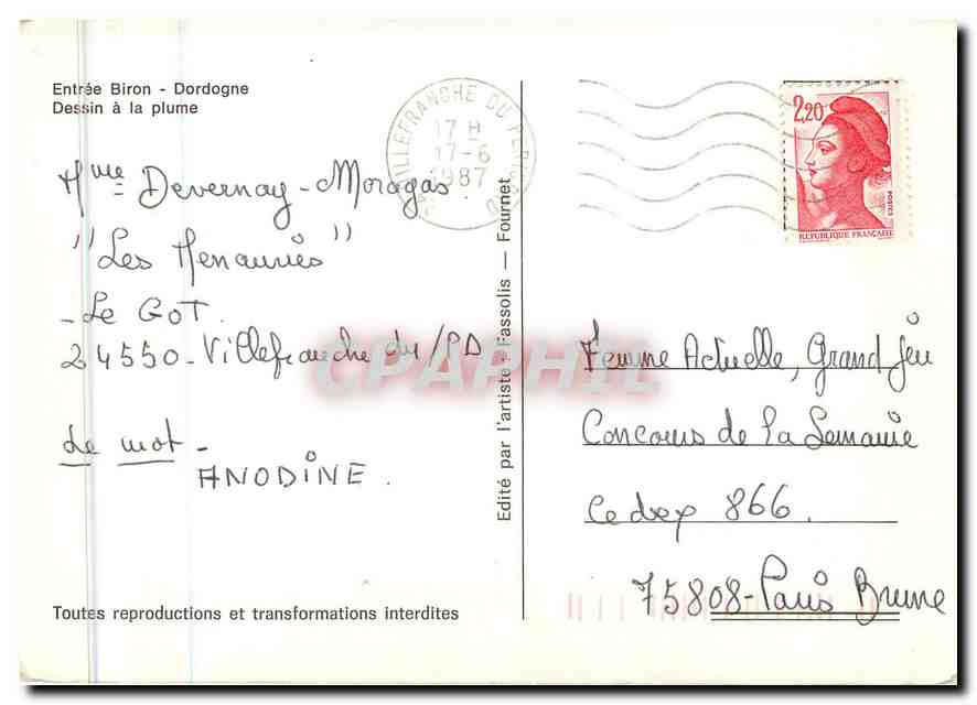 CPM Entree Biron Dordogne Dessin a la Plume  — Verso