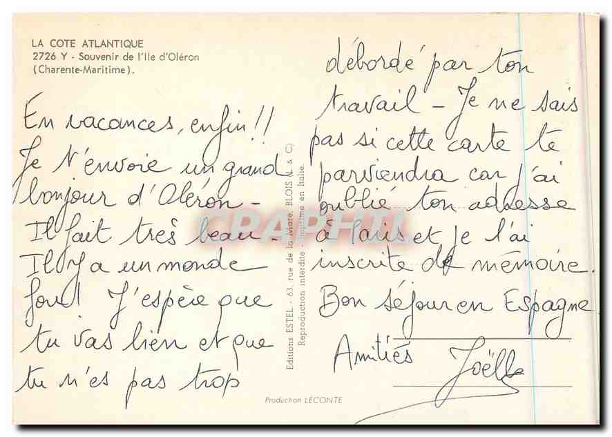 CPM La Cote Atlantique Souvenir de l'Ile d'Oleron Charente Maritime  — Back