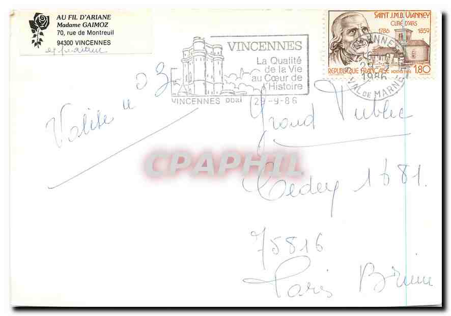 CPM Au Fil d'Ariane Madame Gaimoz Vincennes  — Back