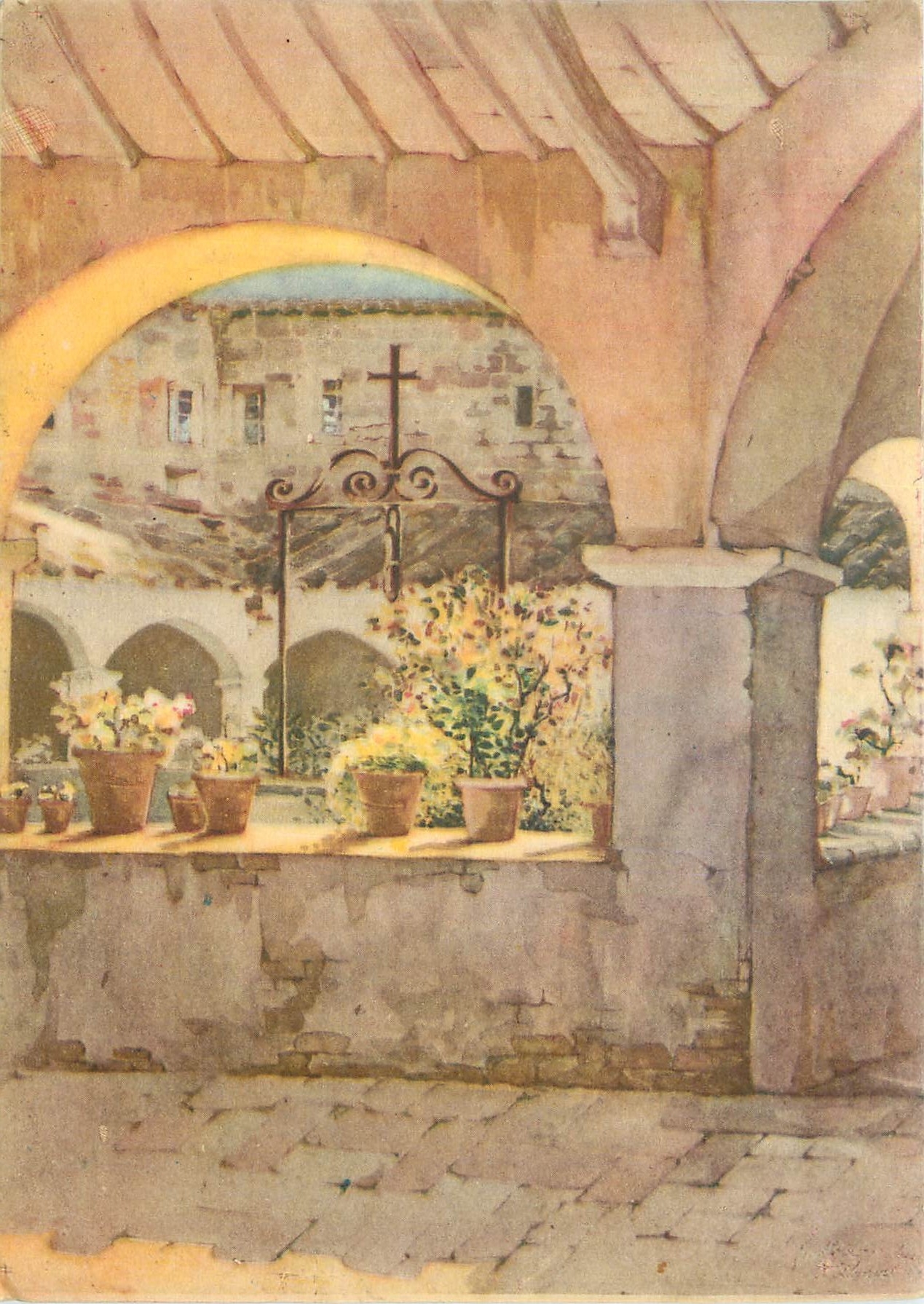 Cour intérieure d'un couvent — vue d'artiste — Grafiche C. Birtoli, Milan
