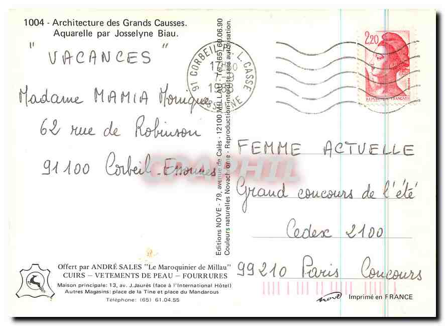 CPM Architecture des Grands Causses Aquarelle par Josselyne Biau  — Rückseite