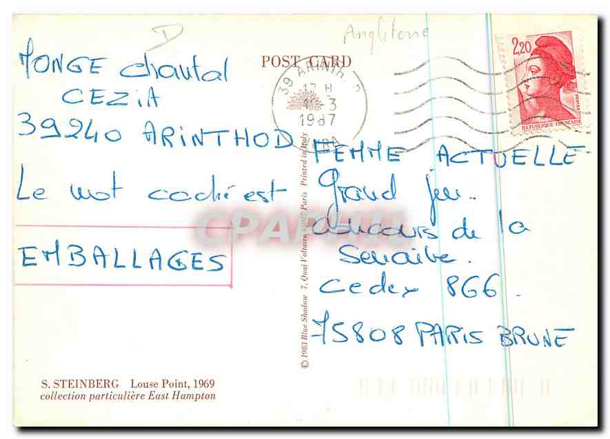 CPM S Steinberg Louse Point 1969 collection particulaire East Hampton  — Rückseite