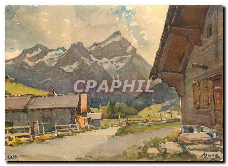 Village alpin — montagnes enneigées — dessin de Mare