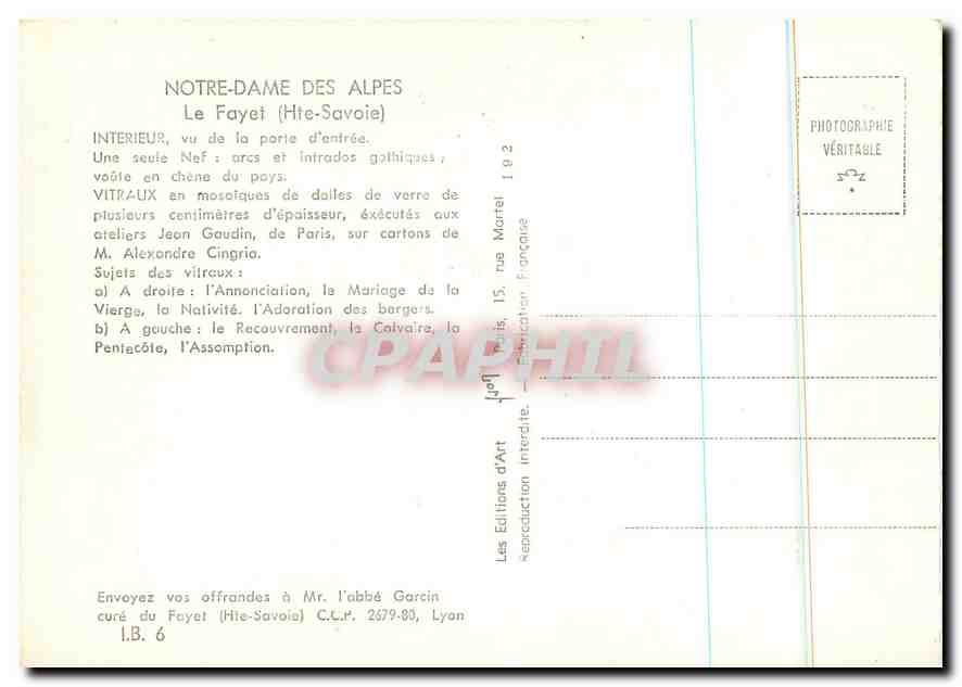 Notre-Dame des Alpes — Intérieur — Les Éditions d'Art, Paris — Verso