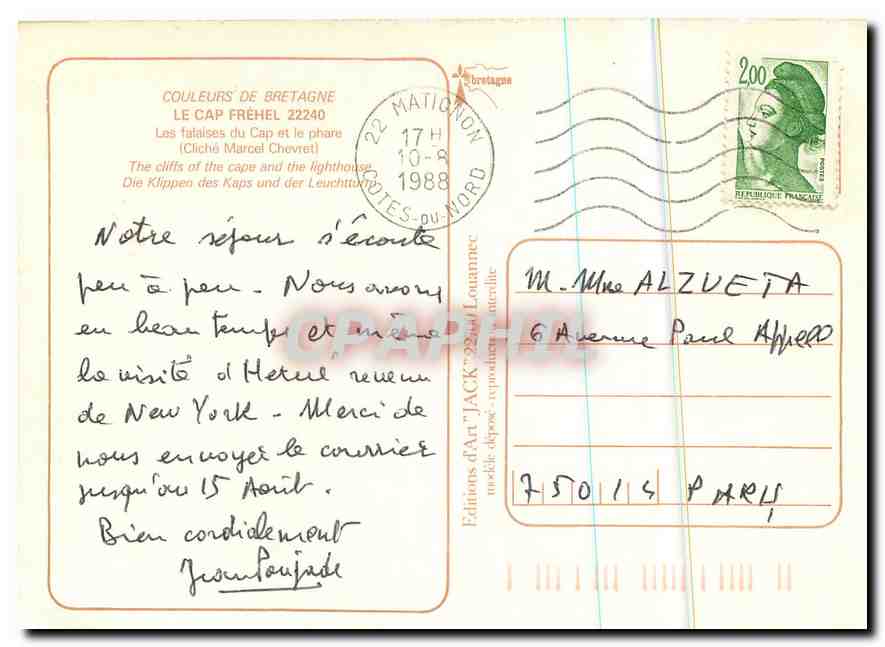 Le Cap Fréhel — vue aérienne du phare et des falaises — Éditions d'Art 'Jack' Louanne — Verso