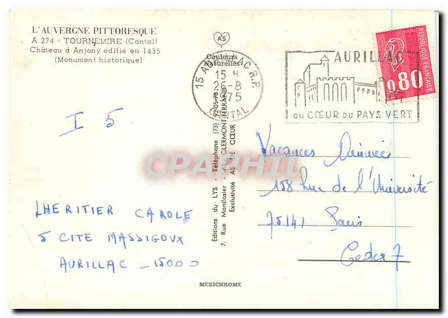CPM Tournemire Cantal Monumet historique Château d'Anjony  — Rückseite