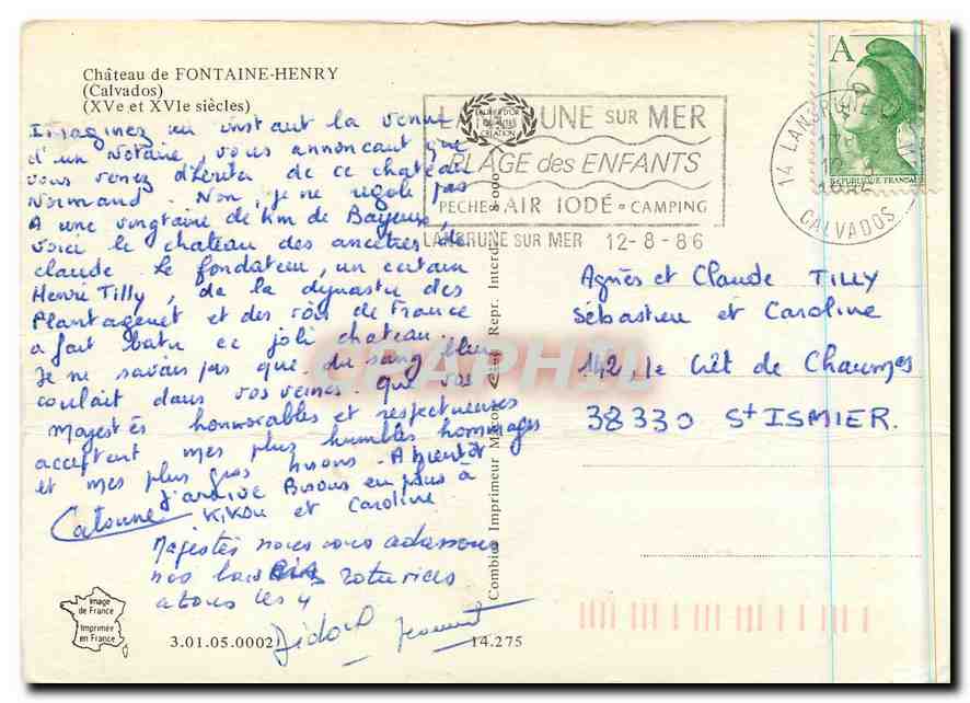 CPM Chateau de Fontaine Henry Calvados  — Rückseite