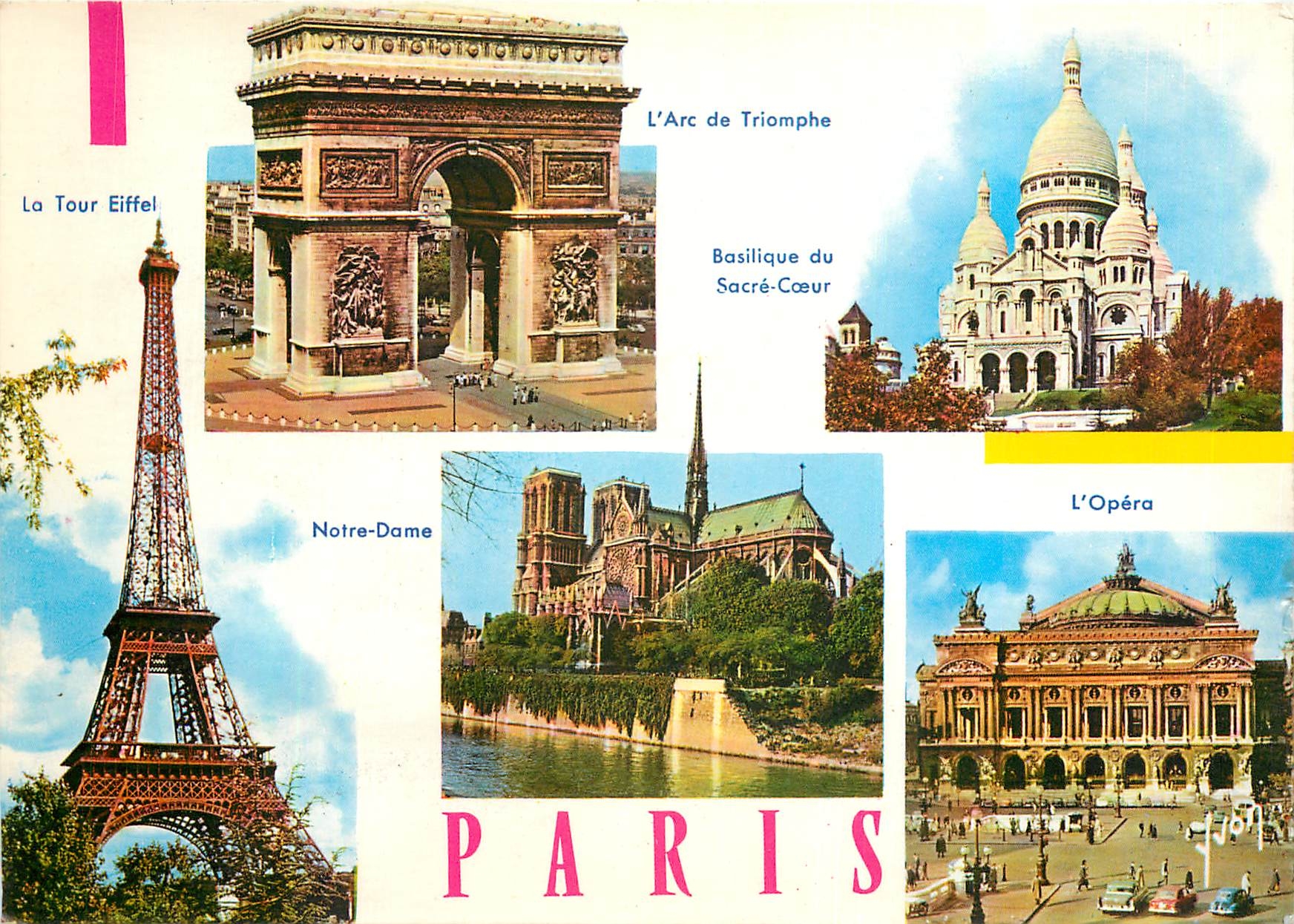 CPM Paris L'Arc de Triomphe Basilique du Sacre Coeur La Tour Eiffel 