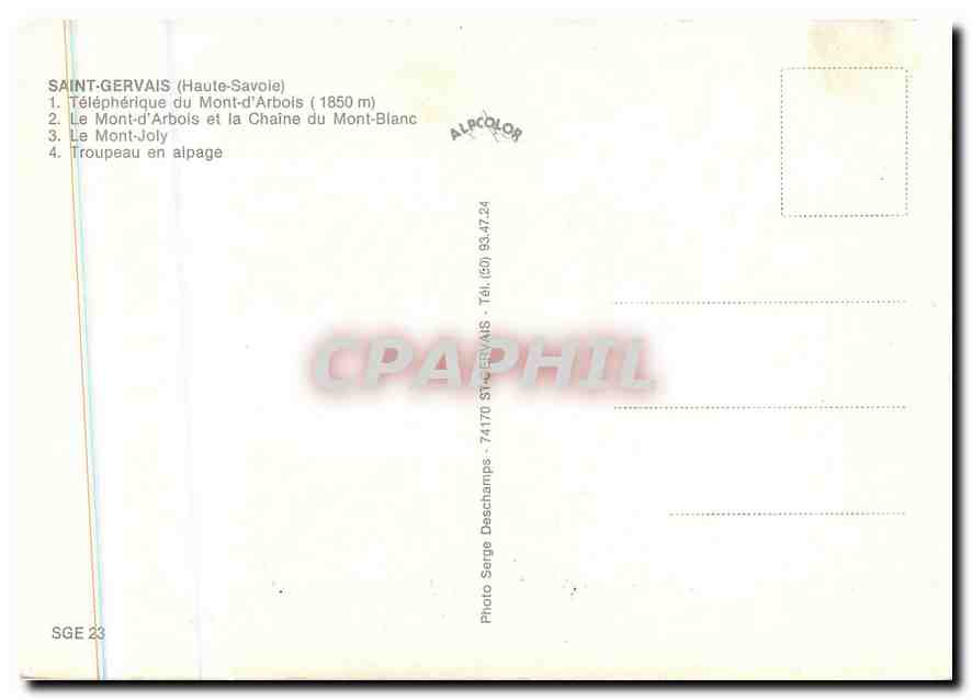 St-Gervais - Mt-d'Arbois - Mt-Joly — Alpcolor, n° SGE 23 — Verso