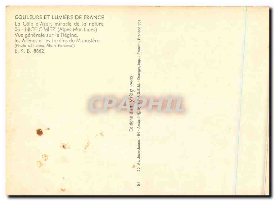 CPM La Cote d'Azur Nice Cimiez Alpes Maritimes Vue generale sur le Regina  — Rückseite