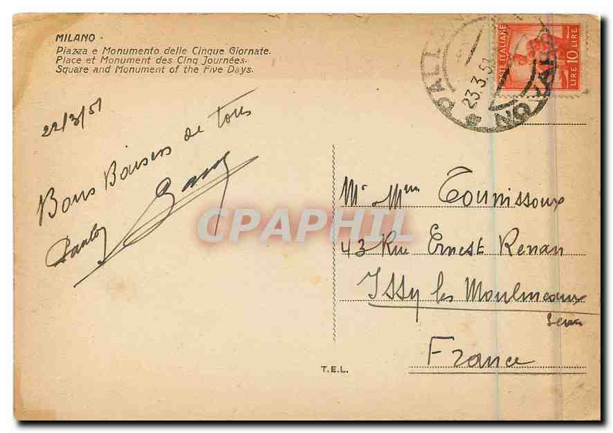 CPM Milano Place et Monument des Cinq Journees  — Verso