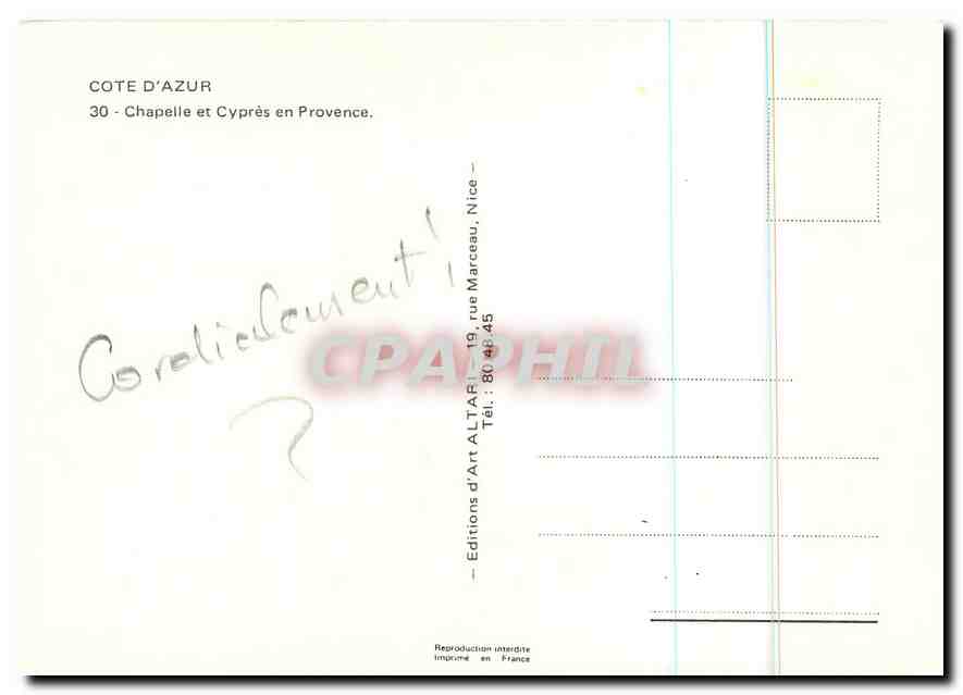 CPM Cote d'Azur Chapelle et Cypres en Provence  — Verso