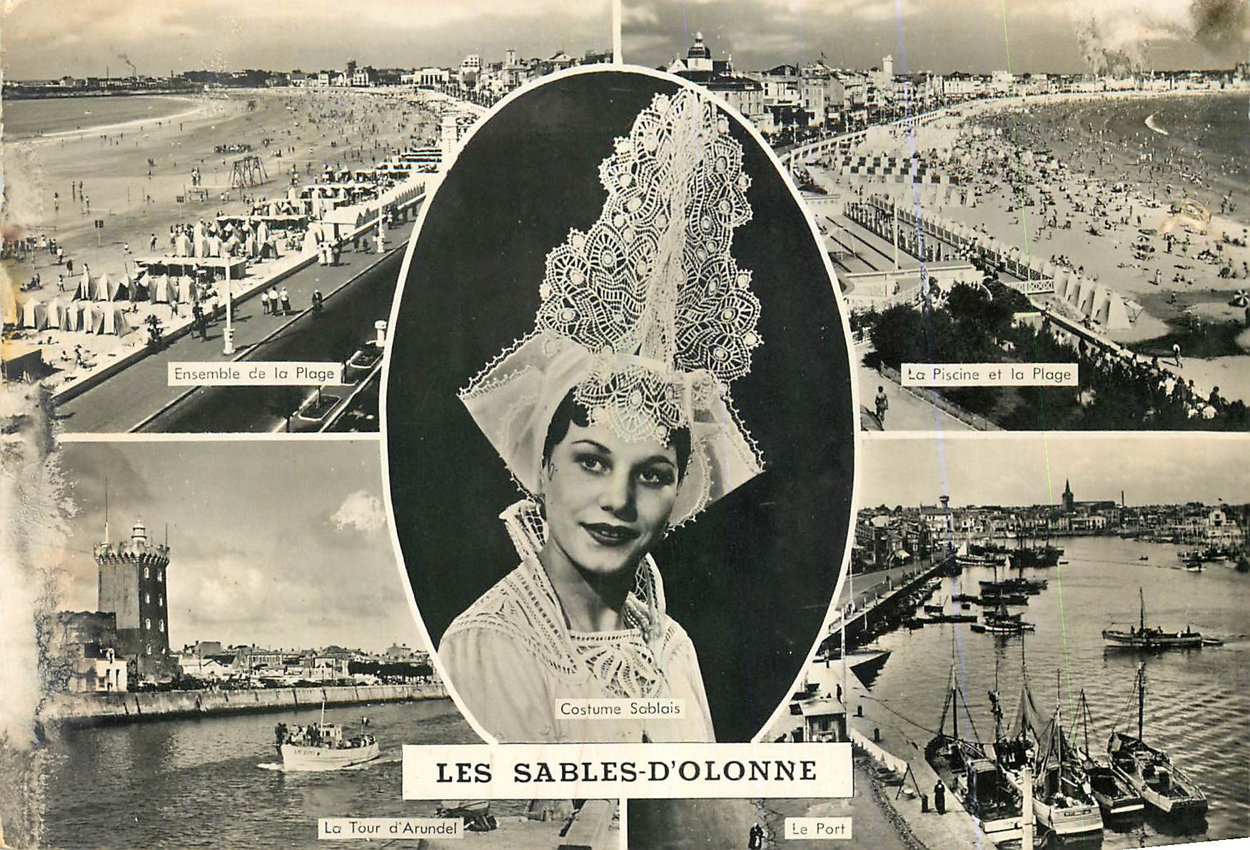 CPM Les Sables d'Olonne Ensemble de la plage La Tour d'Arundel La piscine et la plage Le Port Bateau