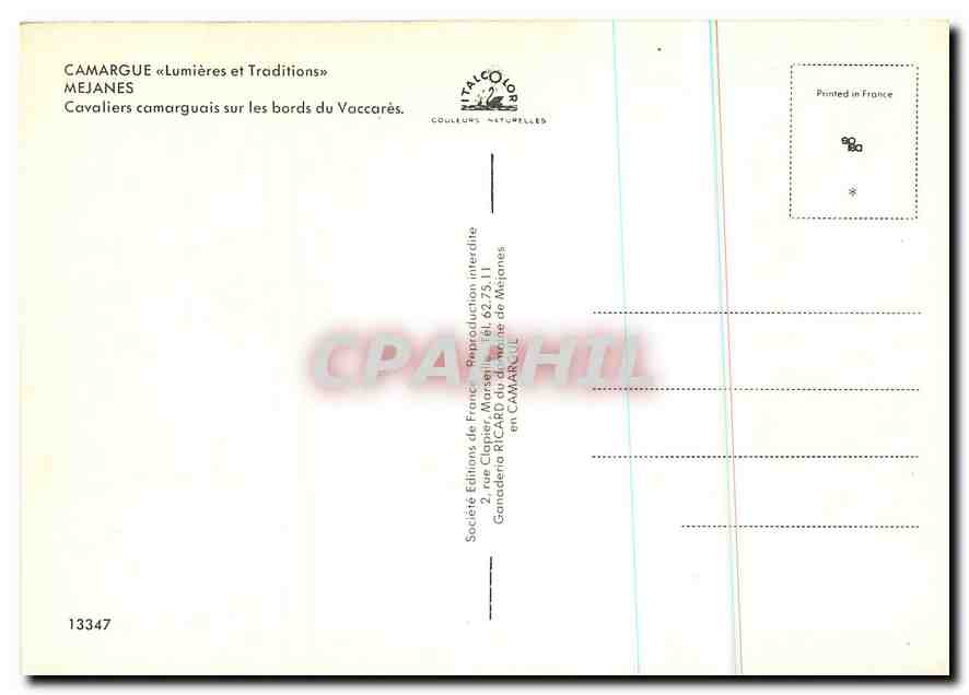 CPM Camargue Lumieres et Traditions Mejanes Chevaux — Back