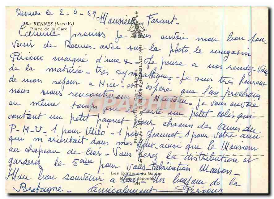 CPA Rennes L et V Place de la Gare  — Rückseite