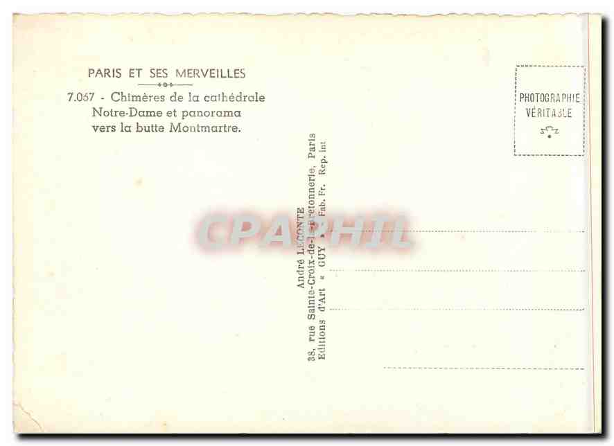 CPM Paris et ses Merveilles Chimeres de la cathedrale Notre Dame et panorama vers la butte Montmartr — Verso