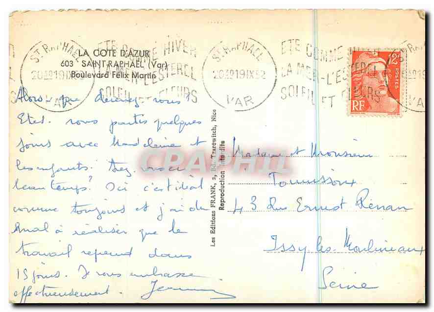 CPM La Cote d'Azur Saint Raphael Var Boulevard Felix Martin  — Rückseite