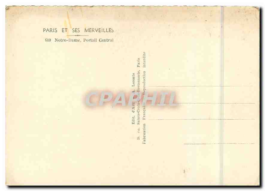 CPM Paris et ses Merveilles Notre Dame Portail Central  — Verso
