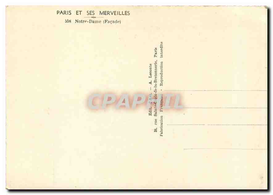 CPM Paris et ses Merveilles Notre Dame Facade  — Verso
