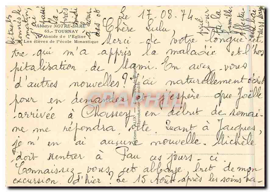 CPM Abbaye Notre Dame Tournay Abside de l'Eglise Les Eleves de l'Ecole Monastique  — Verso