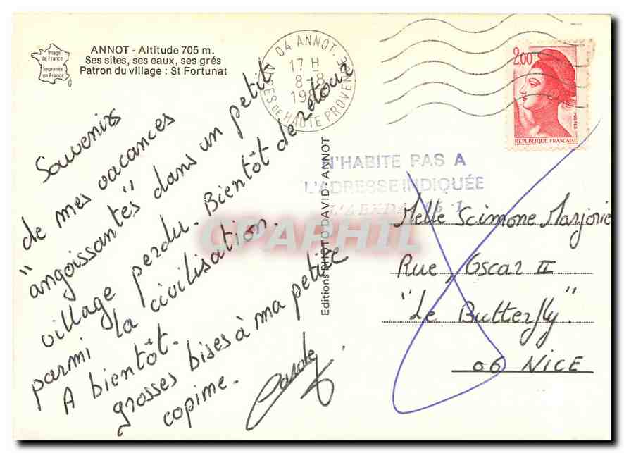 CPM Annot Alt 705 m ses sites ses eaux ses gres Patron du Village St Fortunat — Verso