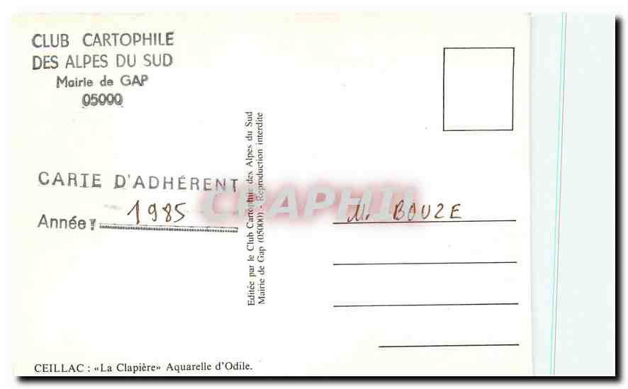 CPM club Cartophile des Alpes du Sud Mairle de Gap — Verso