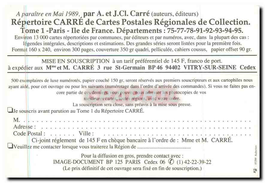 Paris - Île-de-France — Répertoire Carré de Cartes Postales Régionales, Tome I — A. et J.C. CARRÉ, Éditeurs — Rückseite